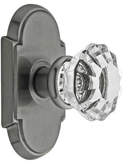 Arched Rosette Set With Fluted Crystal Knobs in Antique Pewter.